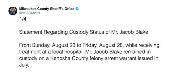 sheriff's tweet - Blake custody