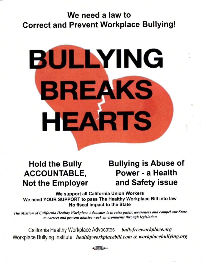 CHWA poster, advocacy for the Healthy Workplace Bill, Bullying Breaks Hearts
